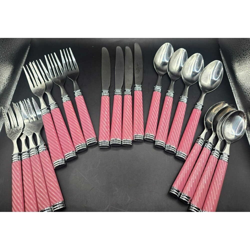 Vintage Pink Ribbed / Spiral Handle Flatware Set (20 Pieces) – Stainless Steel T